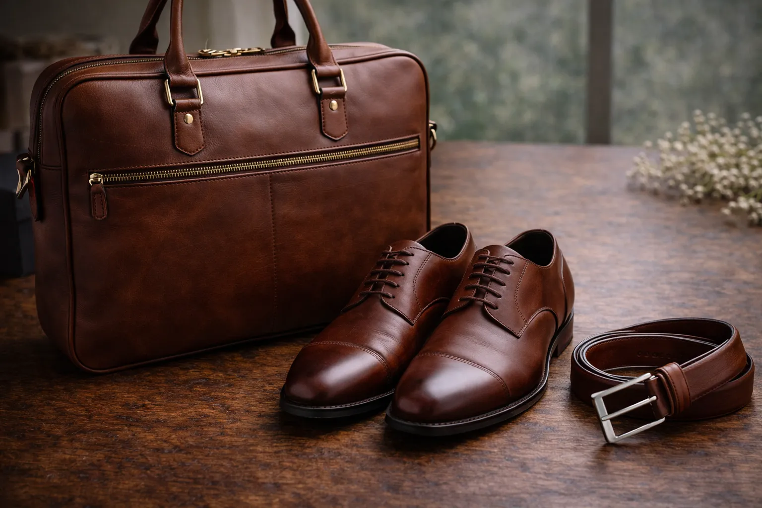 ست کامل چرم طبیعی شامل کیف اداری، کفش و کمربند از چرم مرغوب؛ انتخابی لوکس برای کادو روز مرد